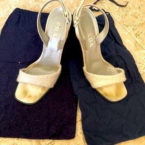 Sexy Prada wedges/sparkly fabric strap. Size 9